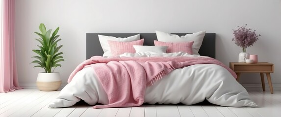 A serene bedroom scene featuring a cozy bed with pink and white decor, perfect for relaxation and modern home aesthetics