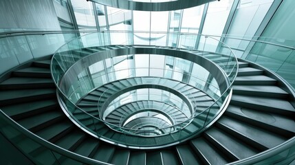 Fototapeta premium Spiral staircase inside a modern cylindrical building with glass floors