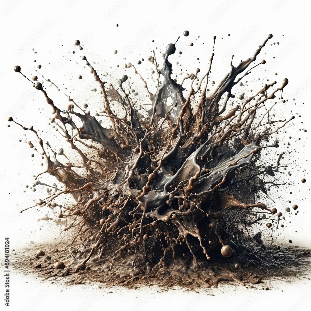 Poster splatters of mud splashing onto a dirty surface, creating a mess