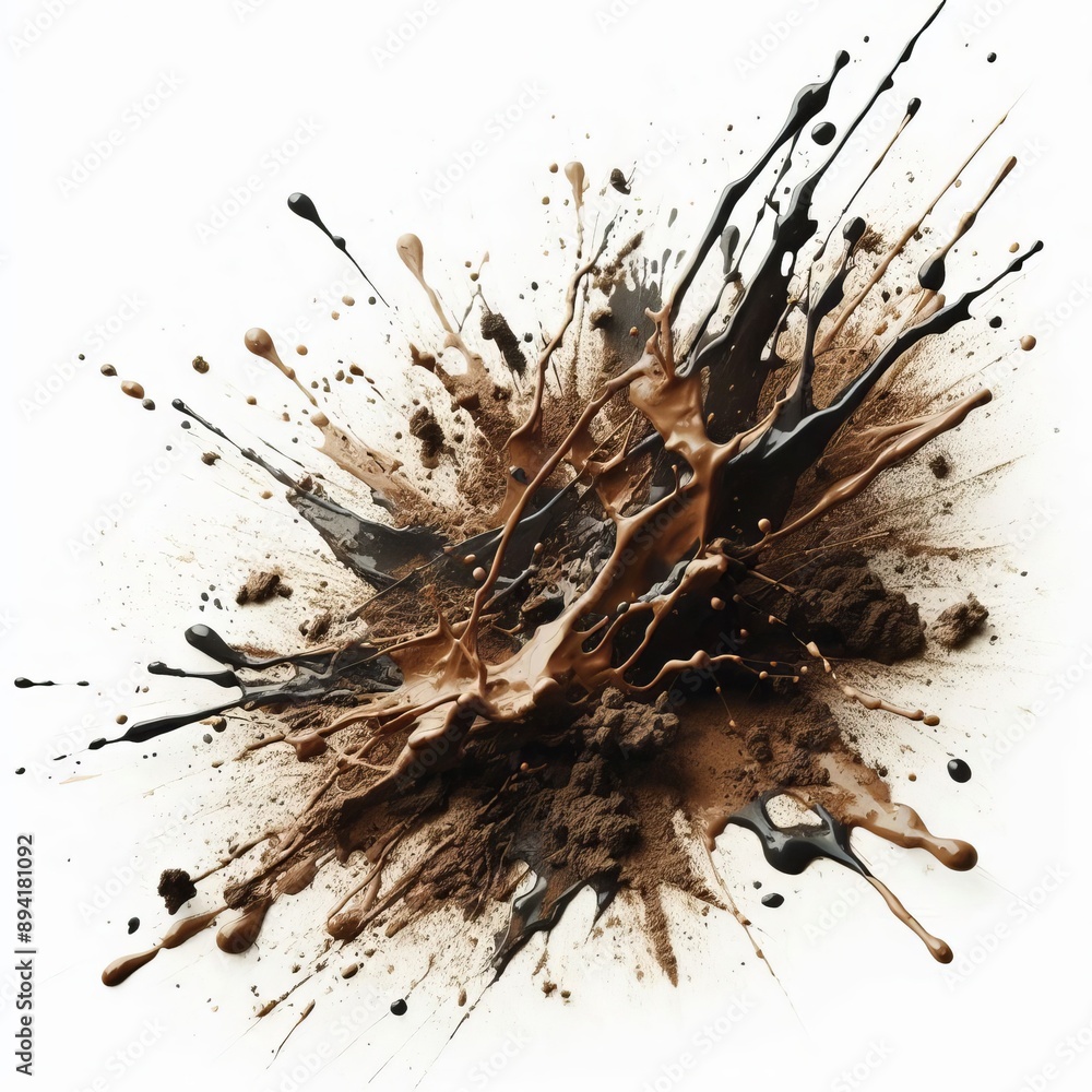 Poster splatters of mud splashing onto a white surface, creating a mess