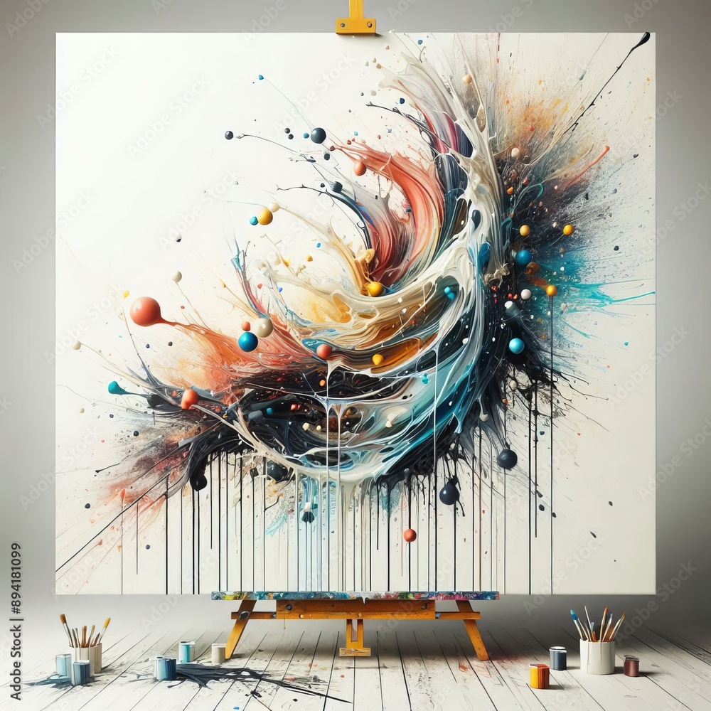 Poster splatters of paint dripping down a canvas, creating a dynamic an