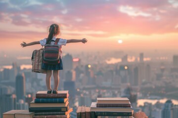 A child stands on a stack of books, overlooking a cityscape at sunset. The image symbolizes the power of education. Perfect for inspirational or educational themes. Generative AI