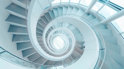 Spiral staircase inside a modern cylindrical building with glass floors