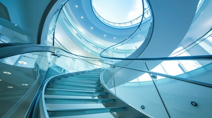 Fototapeta premium Spiral staircase inside a modern cylindrical building with glass floors