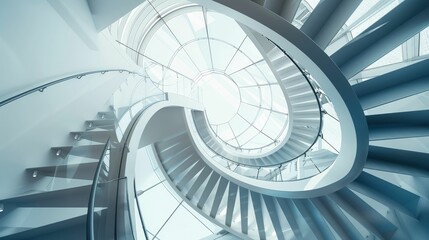 Spiral staircase inside a modern cylindrical building with glass floors