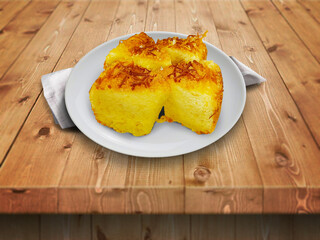 Close up shot of Cheese chiffon cake on a white plate. Fluffy freshly baked cheese chiffon cake, perfect dessert during tea time.