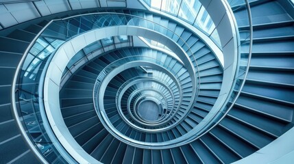 Fototapeta premium Spiral staircase inside a modern cylindrical building with glass floors