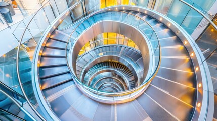 Fototapeta premium Spiral staircase inside a modern cylindrical building with glass floors