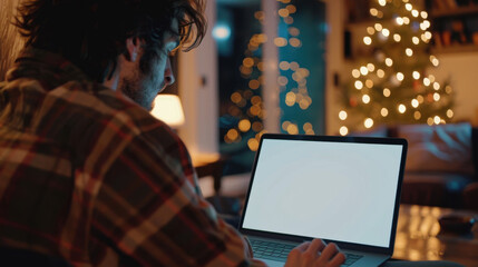 Fototapeta premium Over-the-shoulder view of a young man typing on a laptop with a white blank screen at home