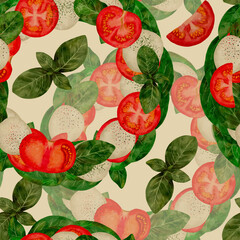 Pattern with tomatoes, basil, and mozzarella, ideal for a culinarythemed background