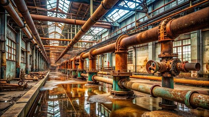 Rusty leaking industrial pipes in an abandoned factory setting, rusty, leaking, industrial, pipes, corrosion, decay