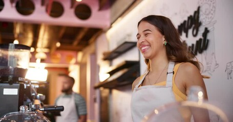 Coffee, takeaway and barista giving order in cafe with happy service, hospitality and woman in small business. Retail, bakery and server in morning with sale of espresso, latte or green tea on menu