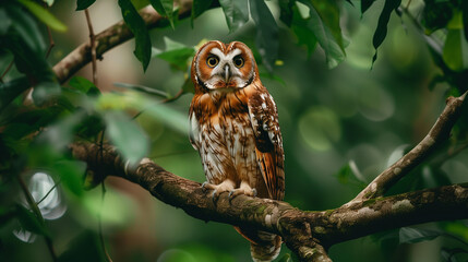 Naklejka premium Ploppy Owl perched on a tree branch with brown and white patterned feathers, Ai generated Images