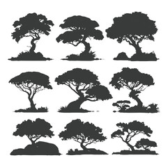 collection black silhouettes of trees isolated on white ,generative ai