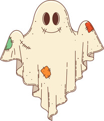 Cartoon retro groovy Halloween ghost with happy boo face, vector character. Halloween holiday horror night cartoon funny groovy ghost in bedsheet with patches and happy smiling funky face © Buch&Bee