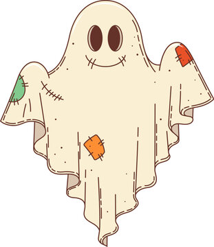 Cartoon retro groovy Halloween ghost with happy boo face, vector character. Halloween holiday horror night cartoon funny groovy ghost in bedsheet with patches and happy smiling funky face