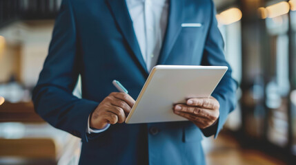 Professional real estate agent demonstrating property listings on a tablet to potential buyers, digital marketing