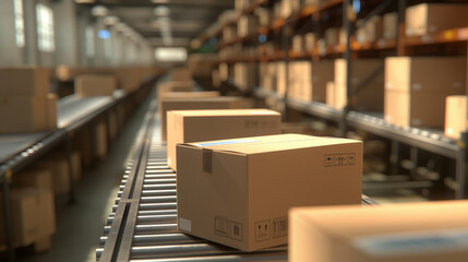 Obraz premium A scene of a warehouse fulfillment center with a meticulously organized distribution conveyor system and various products prepared for delivery