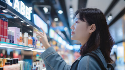 A young woman actively engaged in purchasing beauty care products at a shopping mall, exploring and selecting from a diverse range of items