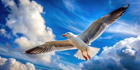 Fototapeta premium Seagull soaring gracefully through the sky, seagull, flight, bird, wings, feathers, sky, freedom, nature, wildlife, graceful