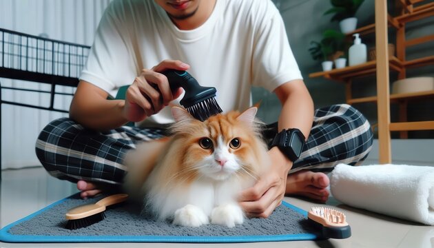 A man uses a pet grooming vacuum on his fluffy cat..Concept: Modern pet care solutions for a cleaner home and a healthier pet.