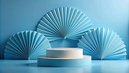 Blue podium with paper folded fan for product presentation, blue, podium, product, presentation, paper, folded, fan