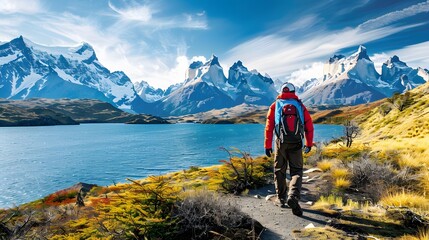 Fototapeta premium Man hiking on mountain of Torres Del Paine National Park, Patagonia, South America.
