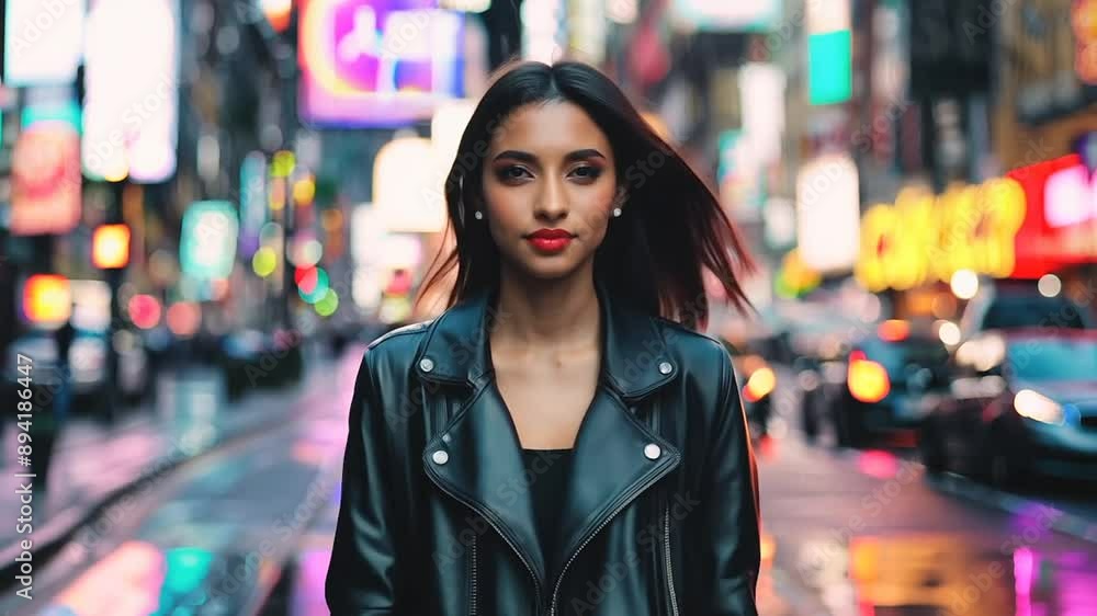 Wall mural Woman walking neon lit city street at night