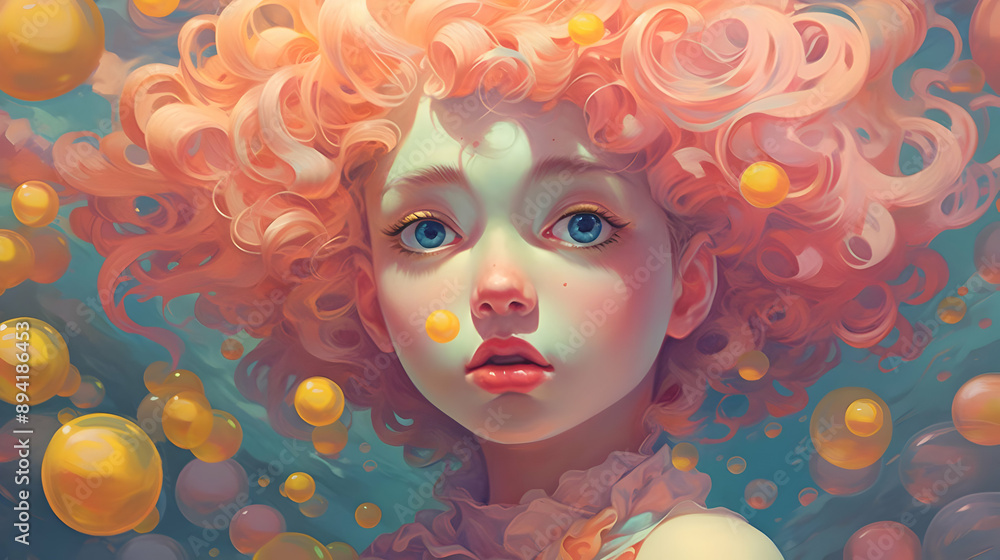 Poster Dreamy Girl with Pink Hair and Bubbles