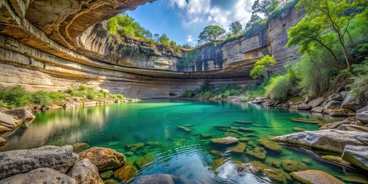 Natural swimming hole in Hamilton Pool Preserve, surrounded by limestone cliffs and turquoise waters