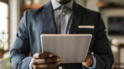 Using a tablet, a real estate agent presents property listings to clients, digital marketing strategy