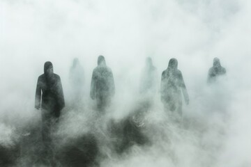 Ethereal figures emerging from misty veil, hauntingly beautiful apparitions