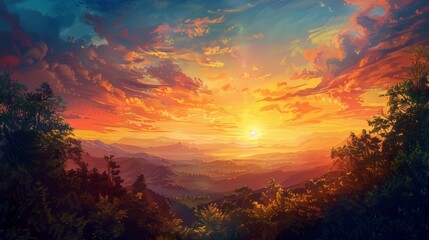 An elegant painting of a picturesque sunset over a mountain range, intricately depicted on the surface of glass.
