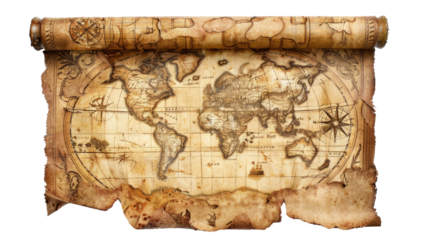 A vintage roll of a pirate treasure map on a white background