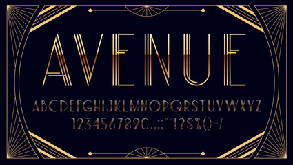 Art deco 1920s font with golden type and elegant typeface, vector vintage alphabet. Art deco font type with golden letters in classic thin line of 20s cinema vintage style or luxury brand typeface © Buch&Bee