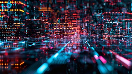 Obraz premium High-Tech Cyberpunk Environment with Glowing Neon and Binary Code