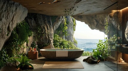 Zen-inspired bathroom with natural stone and greenery