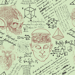  scientist-inventor with formulas and sketches of robots