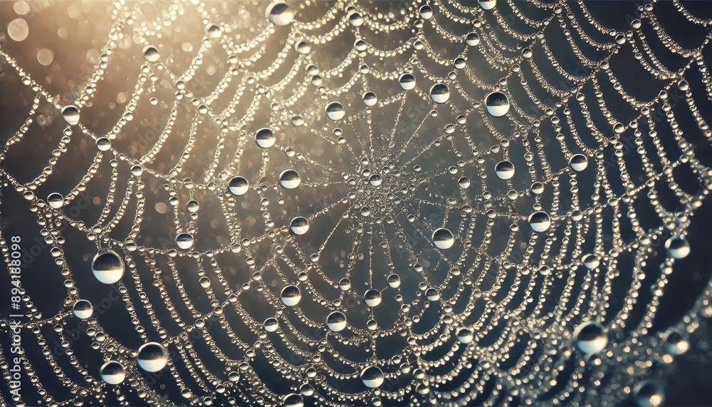 Poster dew drops on spider web in sunlight macro
