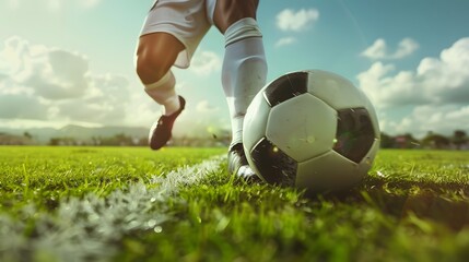 Soccer Kick: A dynamic soccer kick captured mid-strike, the player's leg extended and the ball in motion.