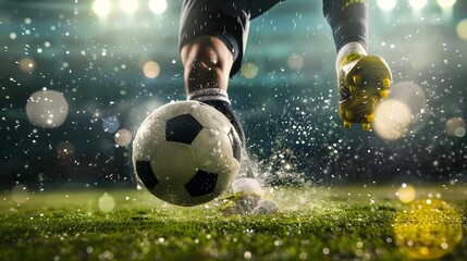 Soccer Kick: A dynamic soccer kick captured mid-strike, the player's leg extended and the ball in motion.