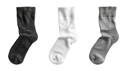 Collection Of Assorted Socks Black White And Grey For Fashion Accessories Ads And Promotions isolated on transparent background. Generative ai