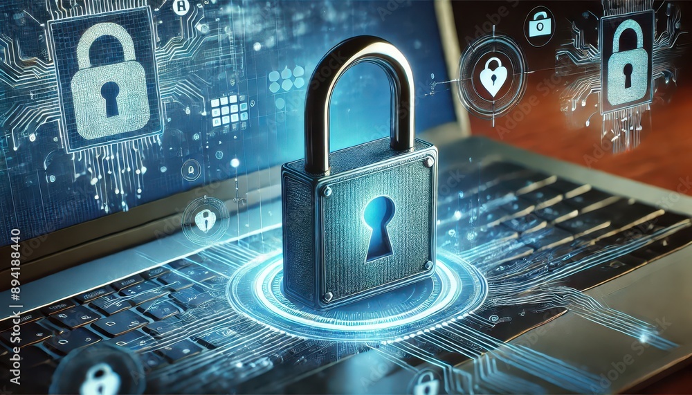 Poster digital security concept with padlock on laptop keyboard.