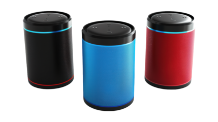 Collection Of Mixed Bluetooth Speakers Black Blue And Red For Music Ads And Promotions isolated on transparent background. Generative ai
