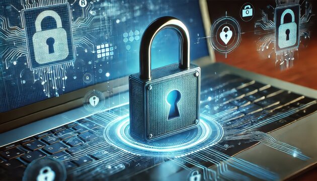 Digital Security Concept with Padlock on Laptop Keyboard.