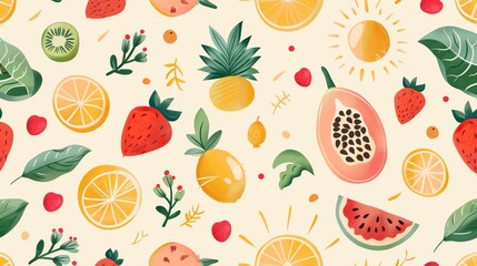 A vibrant summer design with fruit and sun motifs, perfect for textiles or home décor.