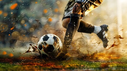 Soccer Kick: A dynamic soccer kick captured mid-strike, the player's leg extended and the ball in motion.