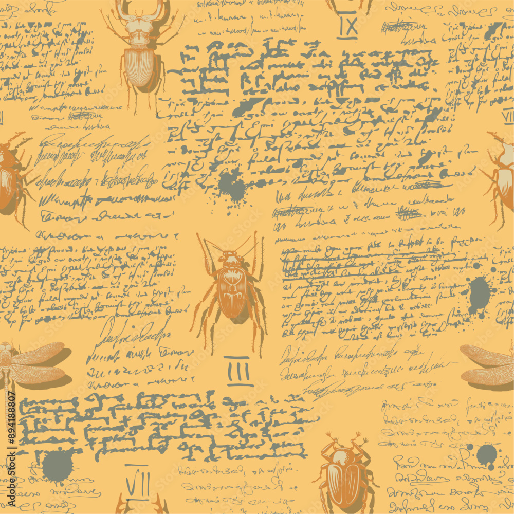 Poster seamless textured background in the style of notes from an entomologist diary with sketches