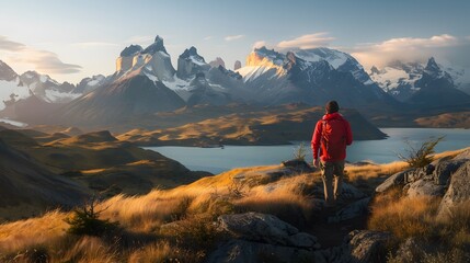 Fototapeta premium Man hiking on mountain of Torres Del Paine National Park, Patagonia, South America.