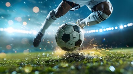 Soccer Kick: A dynamic soccer kick captured mid-strike, the player's leg extended and the ball in motion.